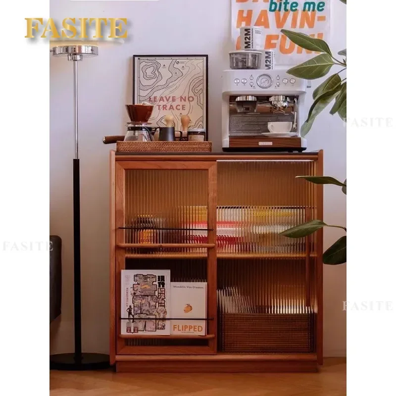 Solid Wood Floor Storage Cabinet for Living Room Sofa Side TV Stand Bookcase Wall Mounted Display Locker Integrated Design