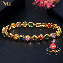 Pera Multicolor Red Cubic Zirconia Yellow Gold Color Round Big Women Tennis Chain Bracelets for Daily Party Prom Jewelry B155