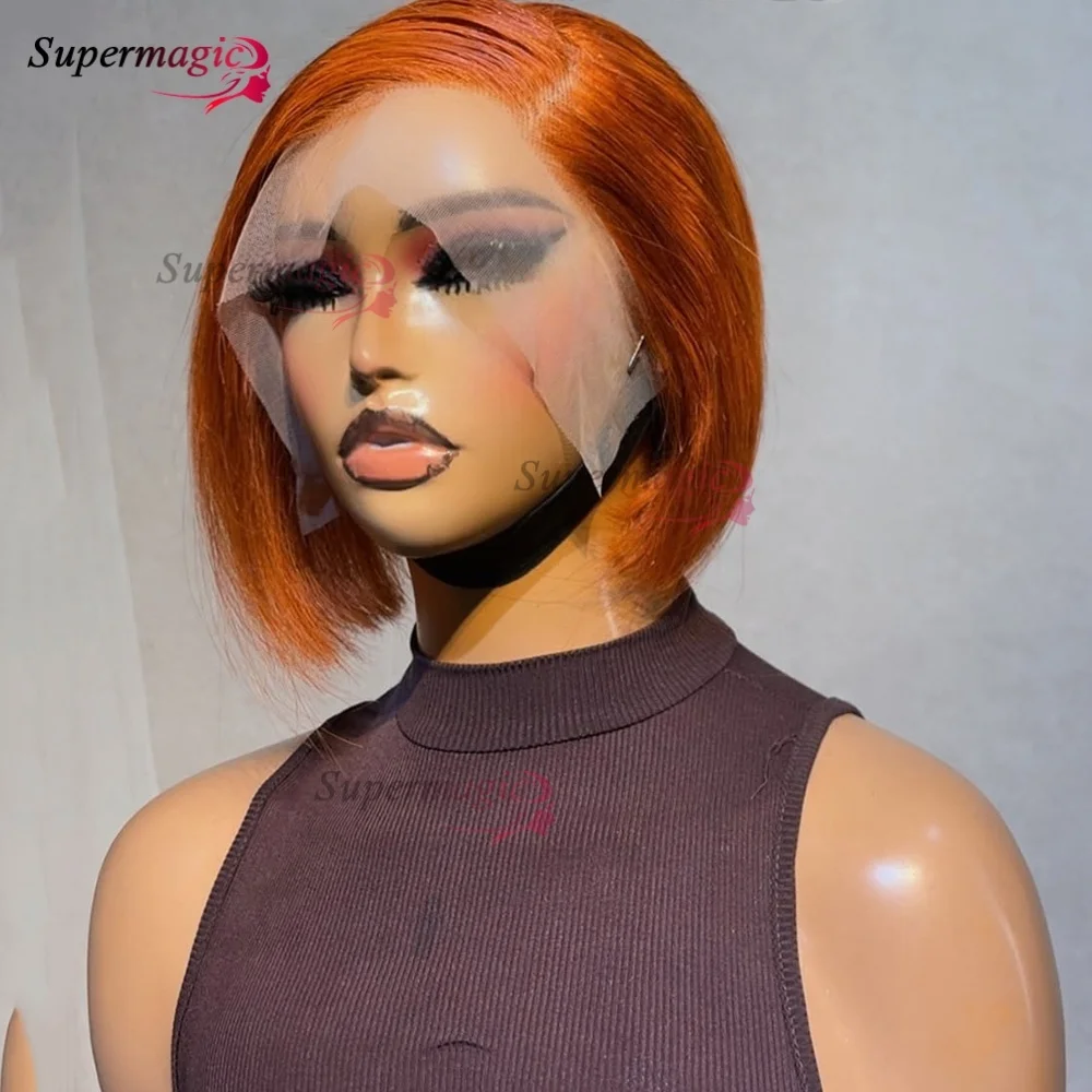 # Peluca de cabello humano Bob corto naranja jengibre 350, peluca con malla frontal 13X4, pelucas de cabello de corte Pixie de doble estiramiento liso indio prearrancado