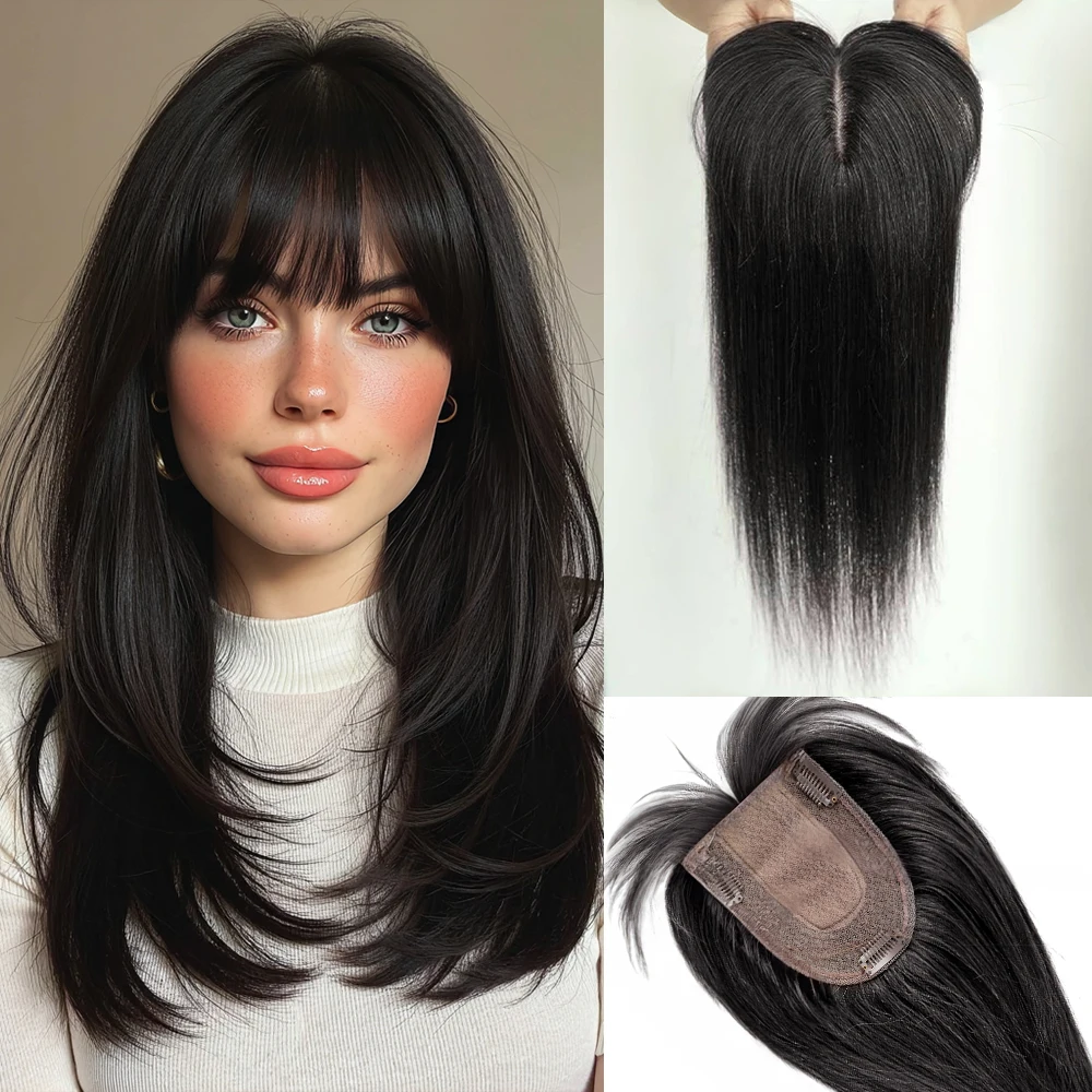 

Натуральный черный 14-дюймовый прямой шелковый топпер из натуральных волос с заколками для челки, 100% шиньоны Remy для женщин, женские парики для волос