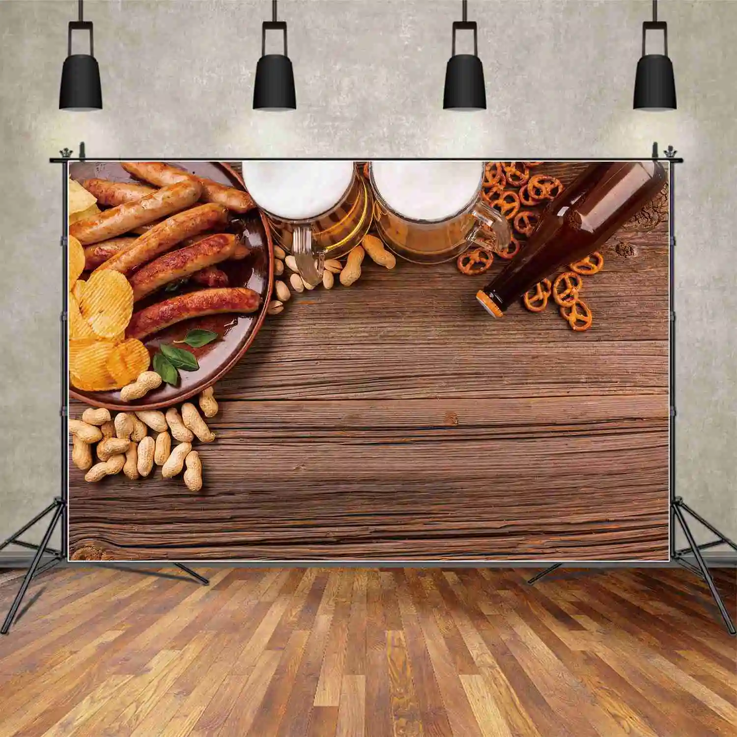 MOON.QG Backdrop Oktoberfest Wooden Board Plank Wall Beer Festival Background Glass Sausage Peanut Chips Party Photo Booth Props