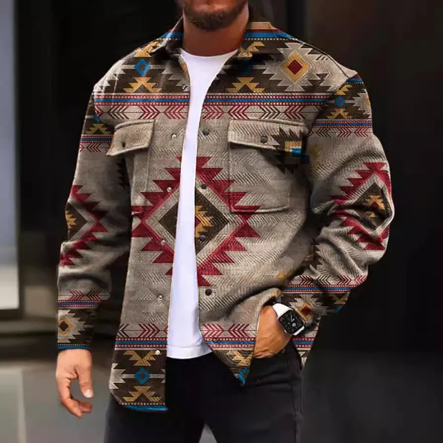 Fashionable Spring Autumn Men's Printed Casual Button Jacket Loose Fit Long Sleeve Thickened Fleece Collar Button up Coat