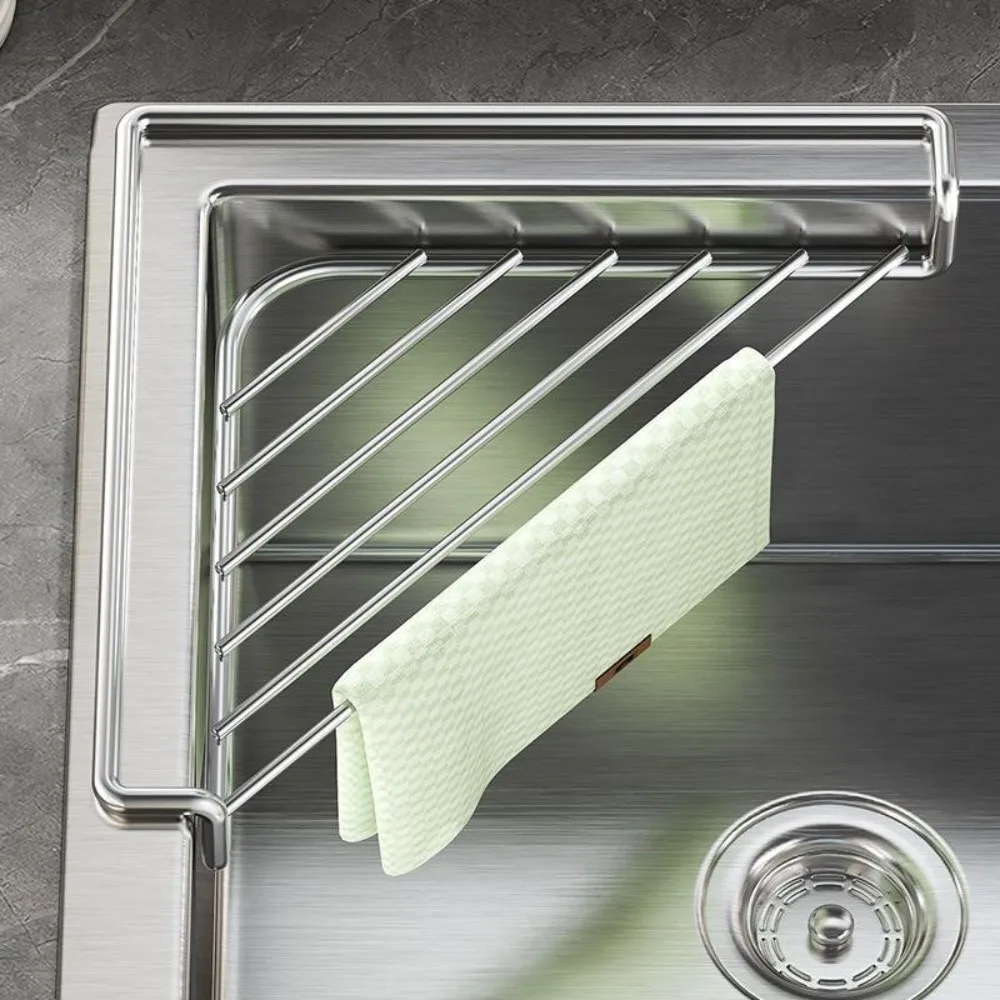 Stainless Steel Sink Dish Drying Rack Non-Slip Triangular Sink Sponge Rag Holder Large Capacity Sink Drainer for Kitchen Utensil