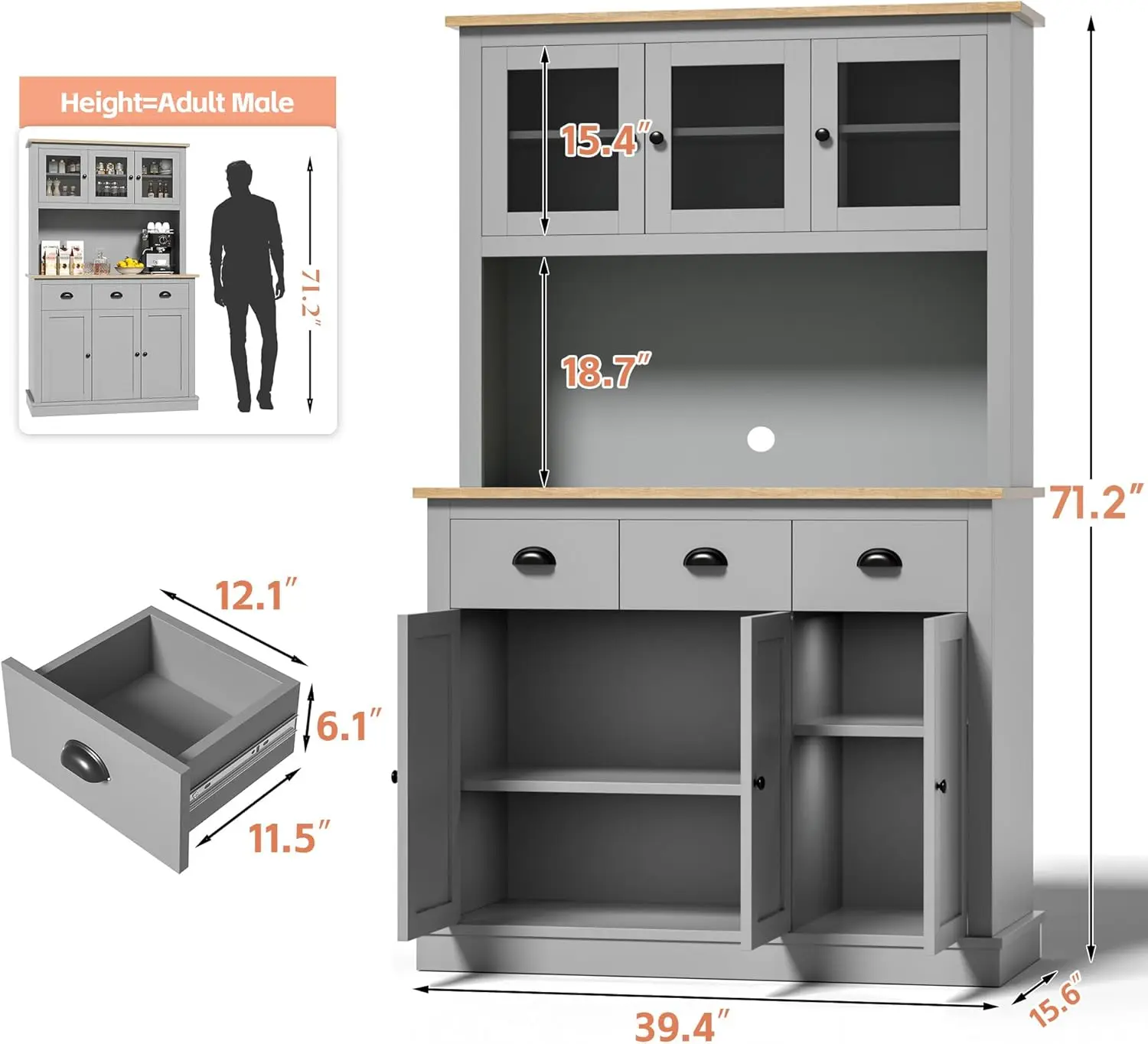 Gabinete de despensa de cocina de 71' con estación de carga, aparador alto con encimera, cajones y estante para microondas, gris