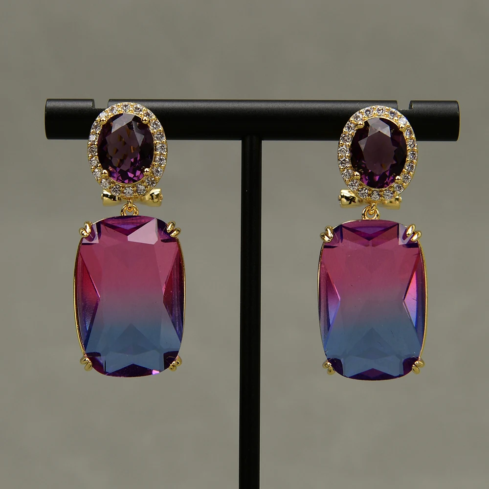 Natural Gradient Red Purple Crystal Rectangle Karat Gold Omega Zircon Stud Earrings Women Daily wear Jewelry