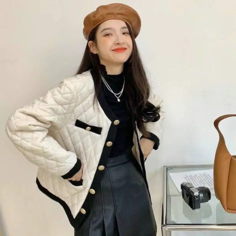 Korean White Argyle Plaid Cotton-Padded Jacket Women Vintage Long Sleeve Short Coat Autumn Winter Light Thin Elegant Outerwear