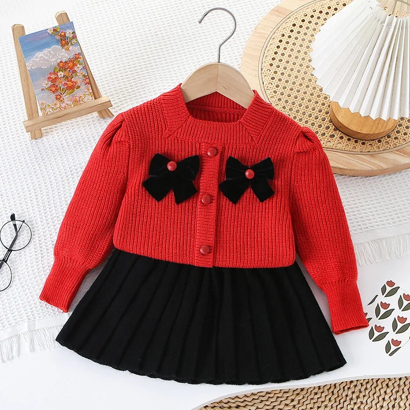 2026 New Spring Children Clothes Set 2-6Yrs Baby Girl Knitted Clothes Suit Long Sleeved Knitted Pullover Sweater+Short Skirt