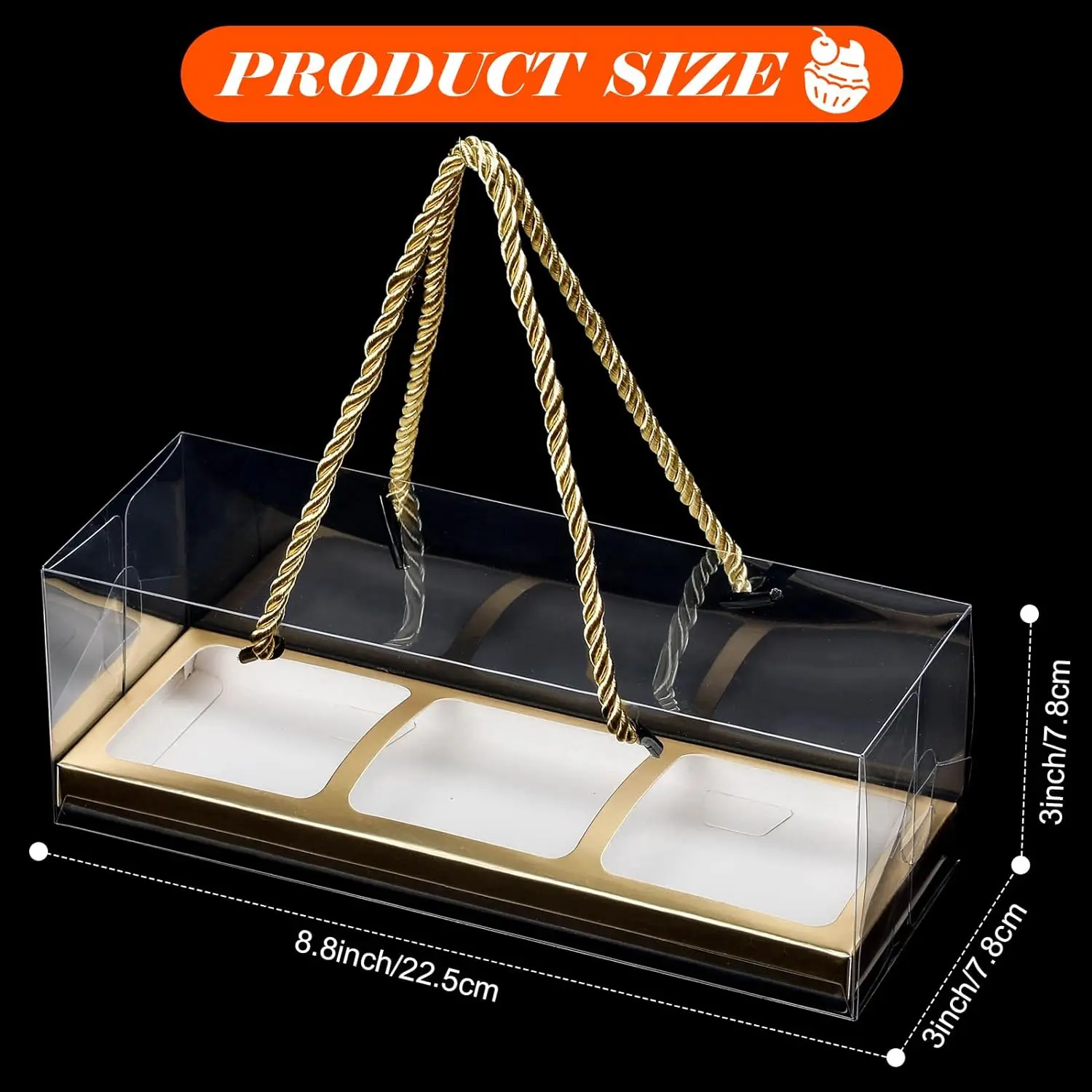 10Pcs Clear Cupcake Boxes Portable Cupcake Container with Rope Handles 3 Compartments Rectangular Cake Carrier for Dessert Party