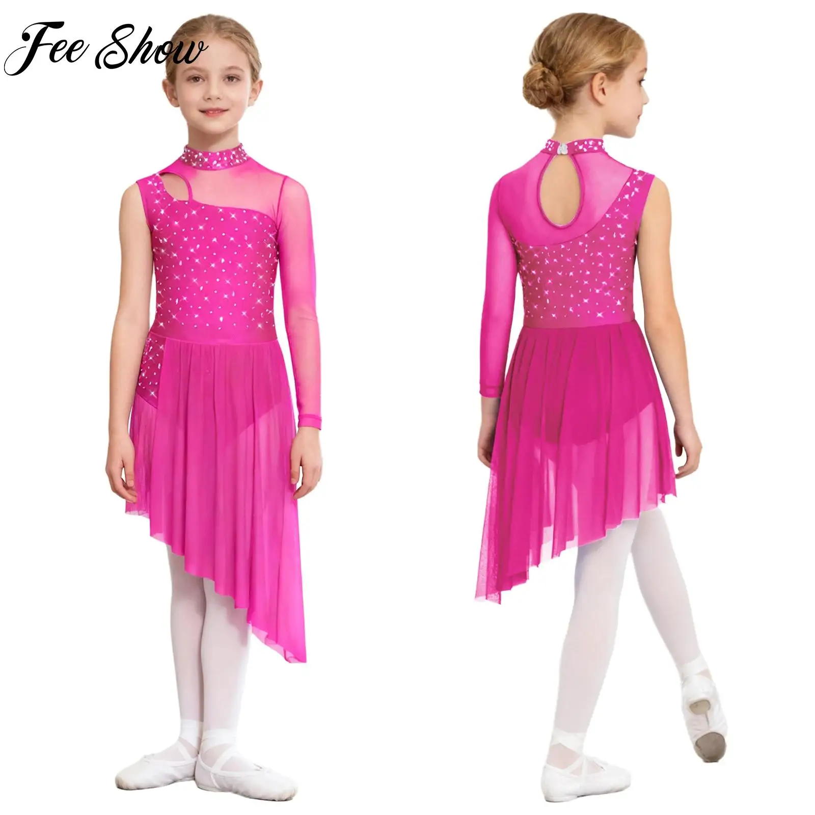

Teen Girls Lyrical Modern Dance Dress Rhinestones Mesh Side Split Ballet Jersey Gymnastics Figure Skating Performance Dancewear