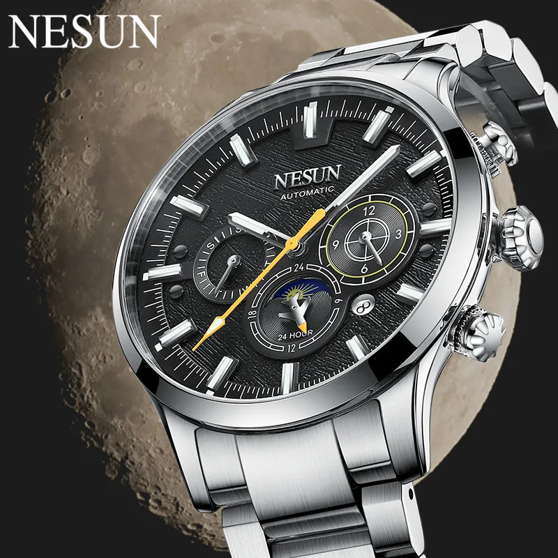 

NESUN Top BrandFor Men Watch Multi Function Automatic Mechanical Wristwatch Sapphire Crystal Stainless Steel Moon Phase Calendar