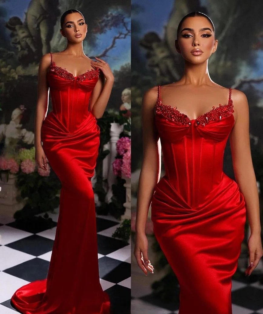 Robe de Bal en Satin Rouge à Bretelles Spaghetti pour Femme, Corset, Longue, Sirène, Perles, Col en V, Soirée Formelle, Tout Personnalisé, 2025