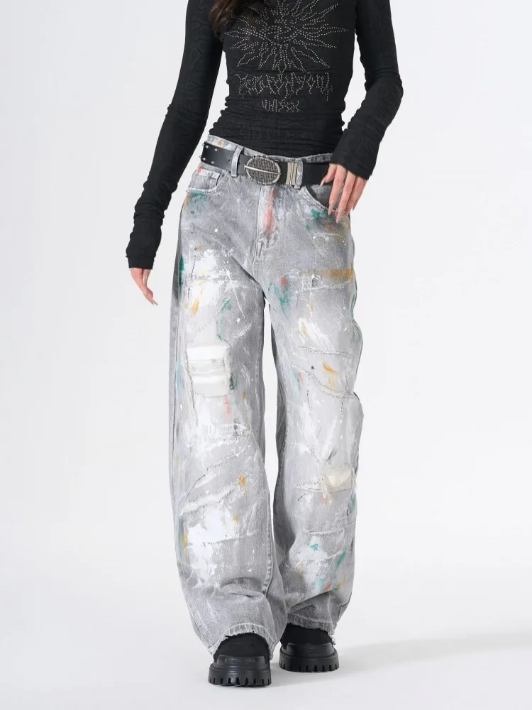 Spring Summer Personality Women Graffiti Jeans High Street American Style Distressed Denim Pants Female Casual Straight Trousers