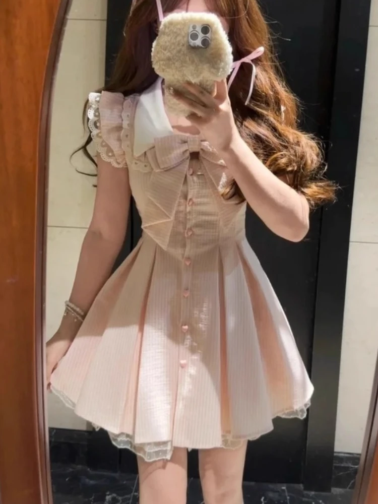 Japanse Zoete Kawaii Gestreepte Elegante Vrouwen Jurk Mode Leuke Boog Y2k Prinses Jurk Harajuku Chic Kant Koreaanse Populaire Kleding - afbeelding 2