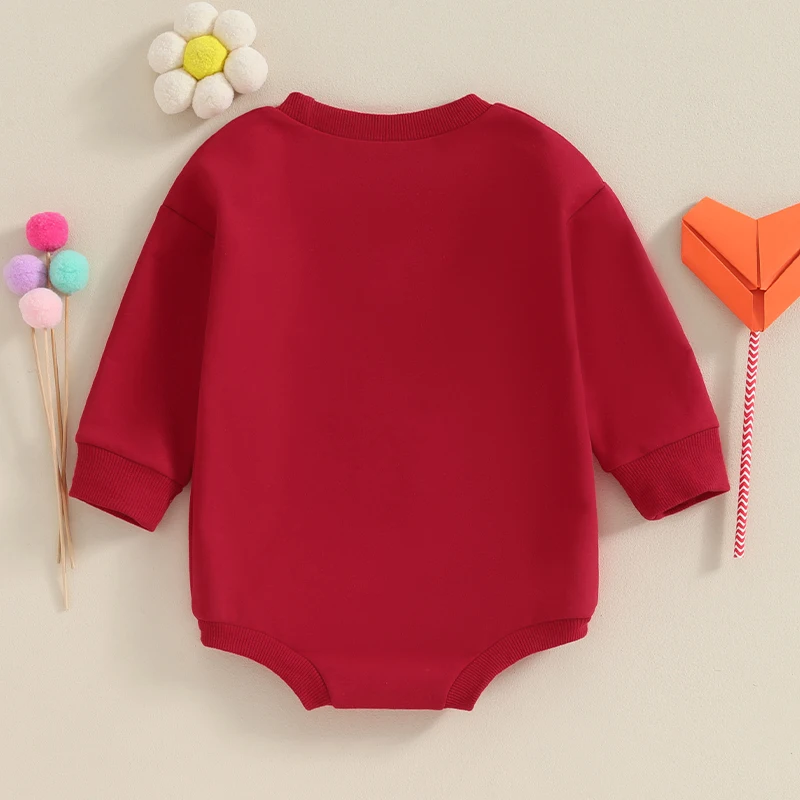 

Baby Girl Sweatshirt Romper Heart Print Embroidery Bodysuit Long Sleeve Bubble Infant Valentines Day Clothes