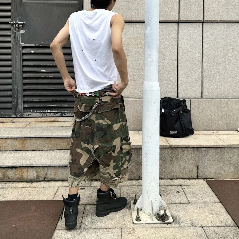 American Vintage Distressed Worn-out Fake Two-piece Camouflage Wide-leg Denim Cropped Shorts Hip Hop Camo Cargo Jeans Shorts