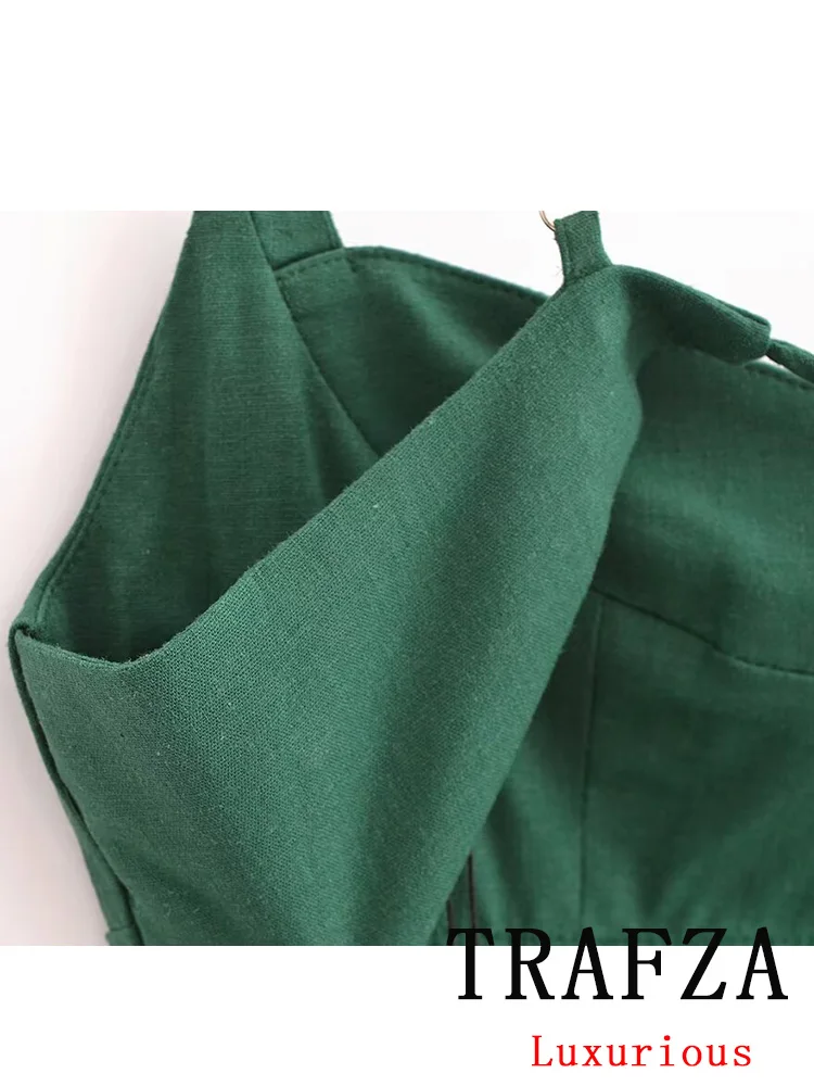 TRAFZA Vintage Casual Chic Women Dress Green SolidCami Backless Side Split Long Straight Dress New Fashion 2024 Summer Dress