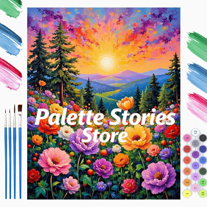 

Frameless One Paint by Numbers Kit Featuring a Vibrant Landscape of a Floral Meadow at Sunset, Complete with Blooming Flowers An