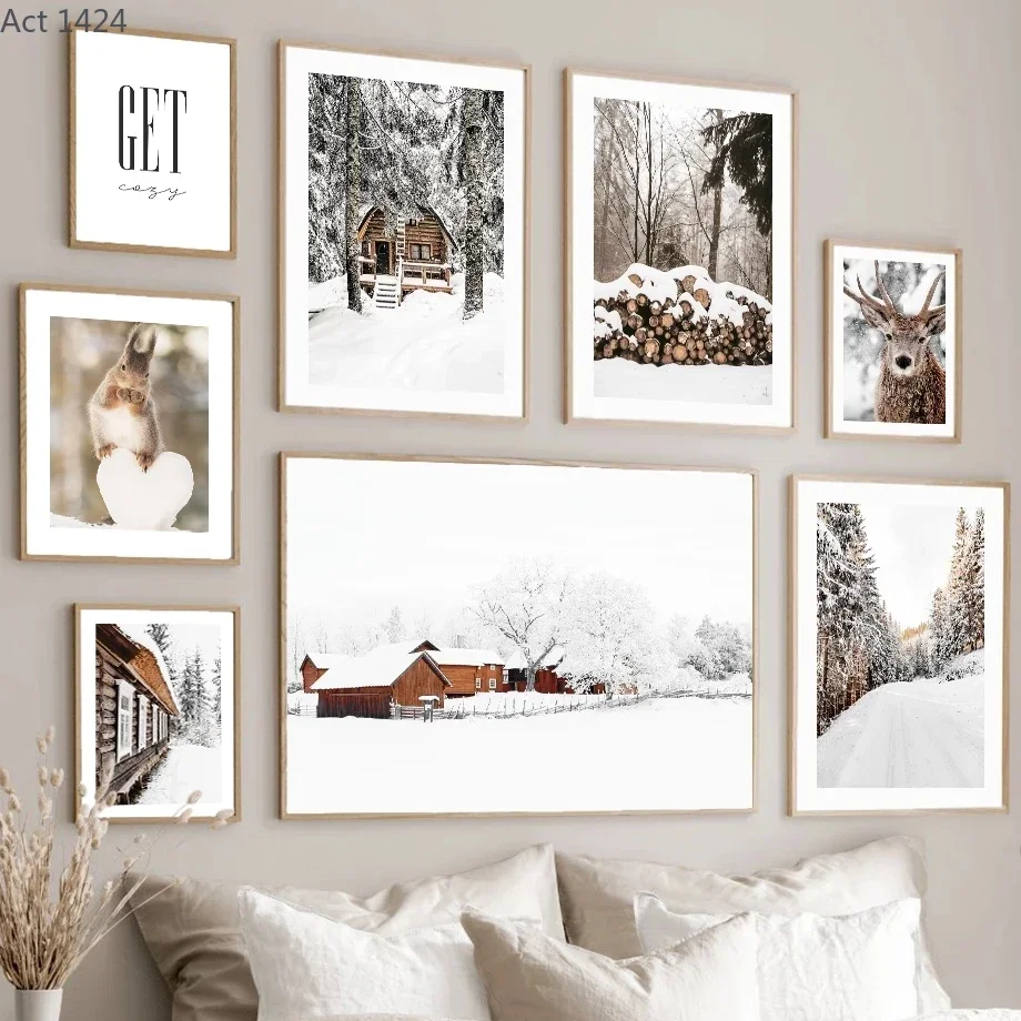 Winter Landscape Picture Snow Field Wood Forest Pine House Scenery Minimalist Wall Art Canvas Painting Posters for Home Decor