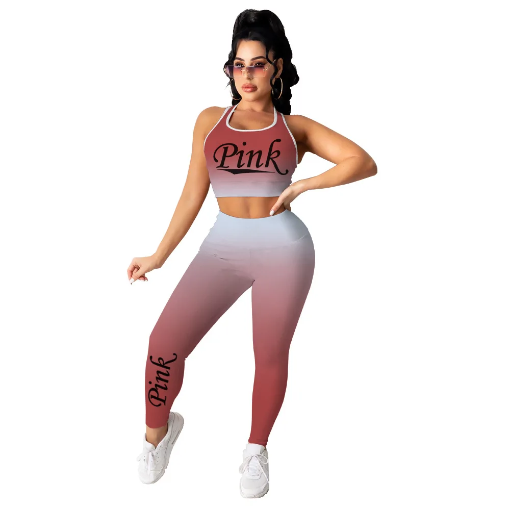 2024 Spring Summer Sexy Pink Letter Print Women Two Piece Sets Femme Tracksuit Slim Casual Top + Pants Sport Suit Jogger Outfits