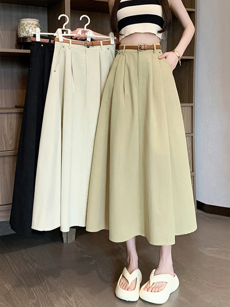 Spring Summer A-line Long Skirts For Women Elegant Office Wear High Waist Umbrella Maxi Skirt Big Swing Solid Jupe Plisseé Femme