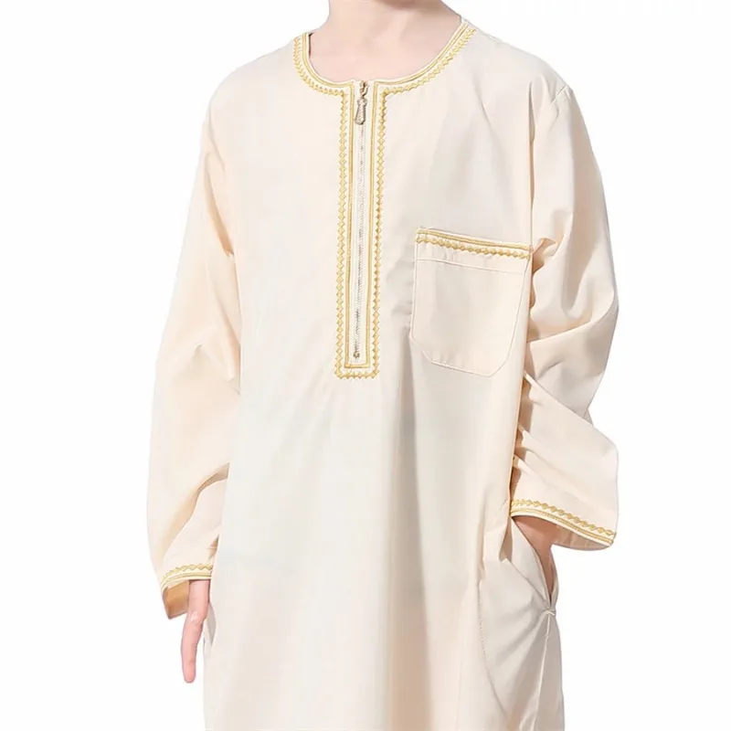 Muslim Afrika Boys Kaftan Arabic Dress Men Long Sleeve Soft Stand Collar Robe Fashion Wear Ramadam Teenager Clothing Thobe