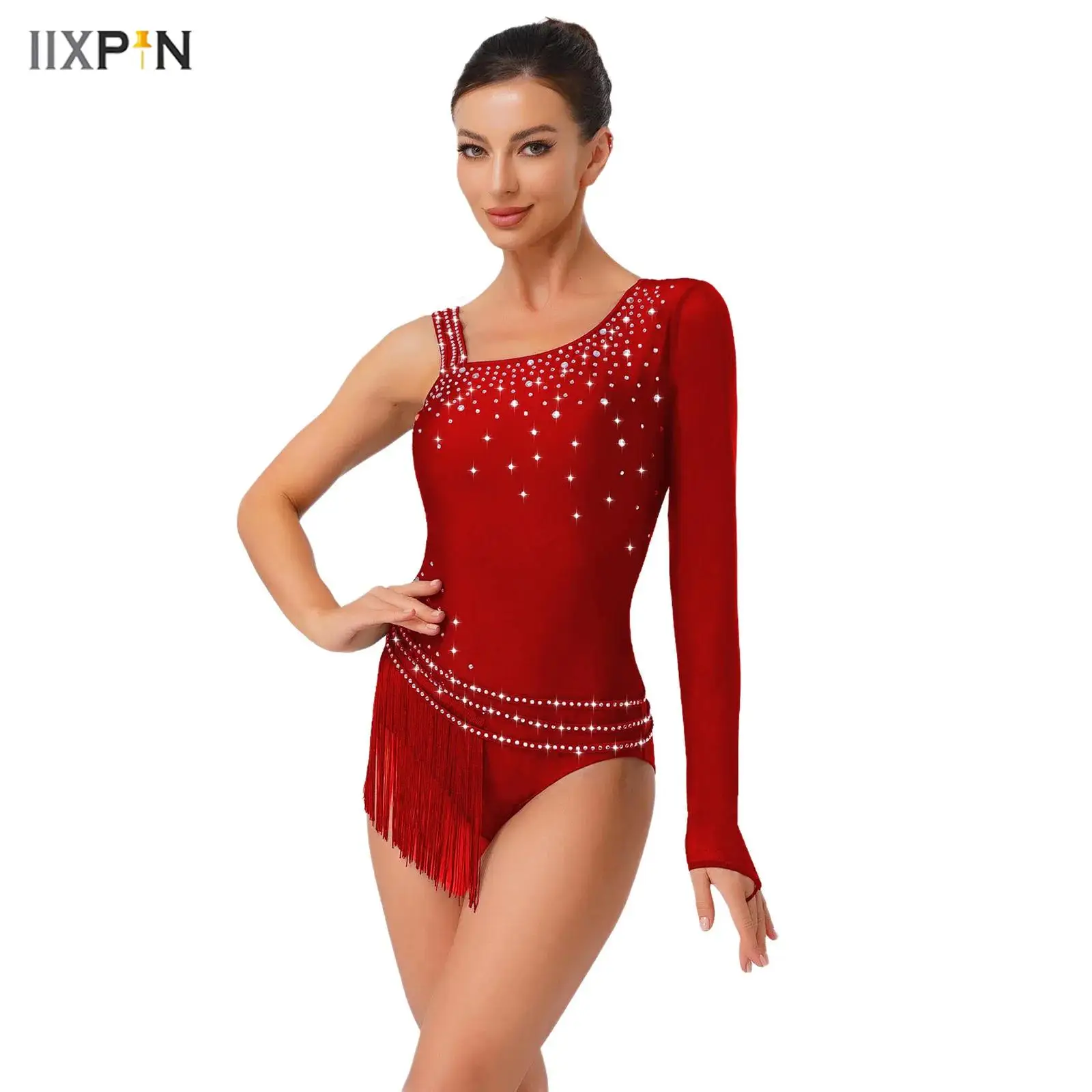 

Women's Latin Jazz Dance Leotard Asymmetric Shoulder Shiny Rhinestone Tassel Fringe Bodysuit Gymnastics Figure Skating Dancewear