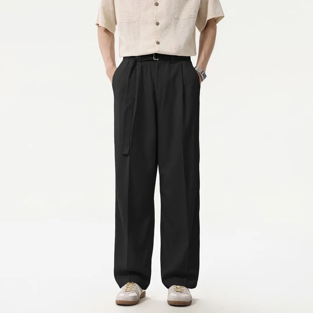 Men Loose Business Casual with Belt Suit Pant Office Man Commuter Straight Trousers Korean Streetwear Fashion Baggy Pants