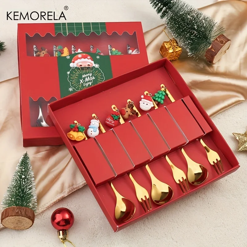 6Pcs Christmas Spoon Fork Set Elk Christmas Tree Tableware Stainless Steel Coffee Spoon Tea Spoon Dessert Scoop Xmas Decor Gift