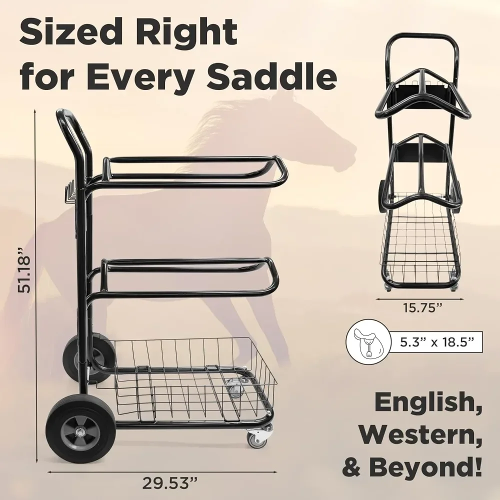 Organizers and Storage 220 Lbs Rolling Saddle Rack Cart with Basket – Heavy Duty Saddle Stand