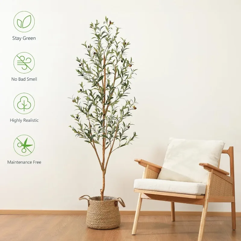 Artificial Olive Tree 6FT  Plant for Home Office Decor Indoor Fake Potted Tree with Natural Wood Trunk and Lifelike Fruits