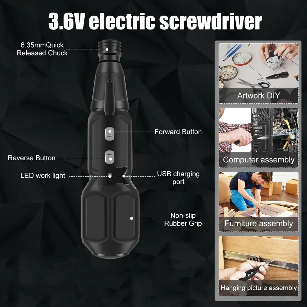 

3.6V Electric Screwdriver Cordless with LED Light Mini Home Screwdriver USB Rechargeable Automatic Power Screw Driver
