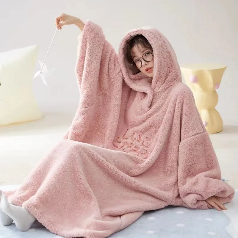 

Pajamas Female Fall and Winter Style Thickening Type Coral Fleece Couple Unisex Lazy Wind in Vogue Flannel Oversized Night Gown