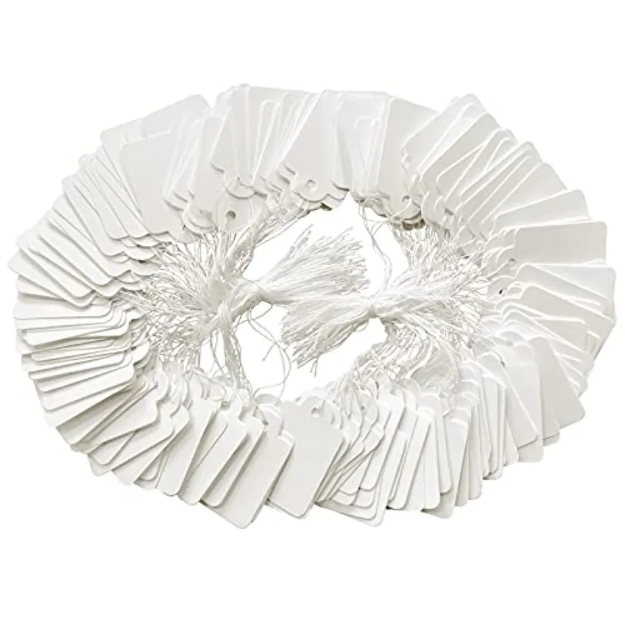 200 علامة عرض بيضاء مع سلسلة للملابس والمجوهرات مقاس 1.38 × 0.87 بوصة