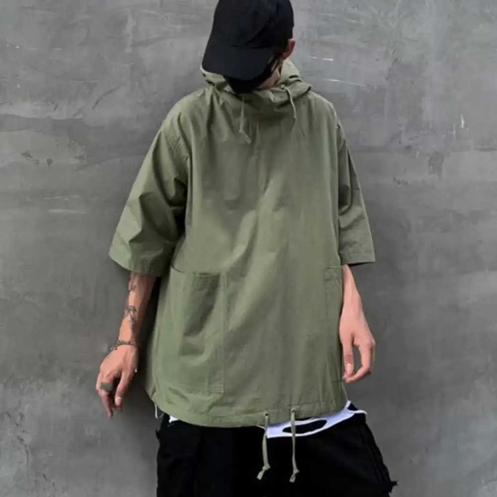 5 Colors Summer Hooded T shirt Men Korean Half Sleeve Pullover Streetwear Loose T-shirt Tops Drawstring Men Clothing 5XL-S