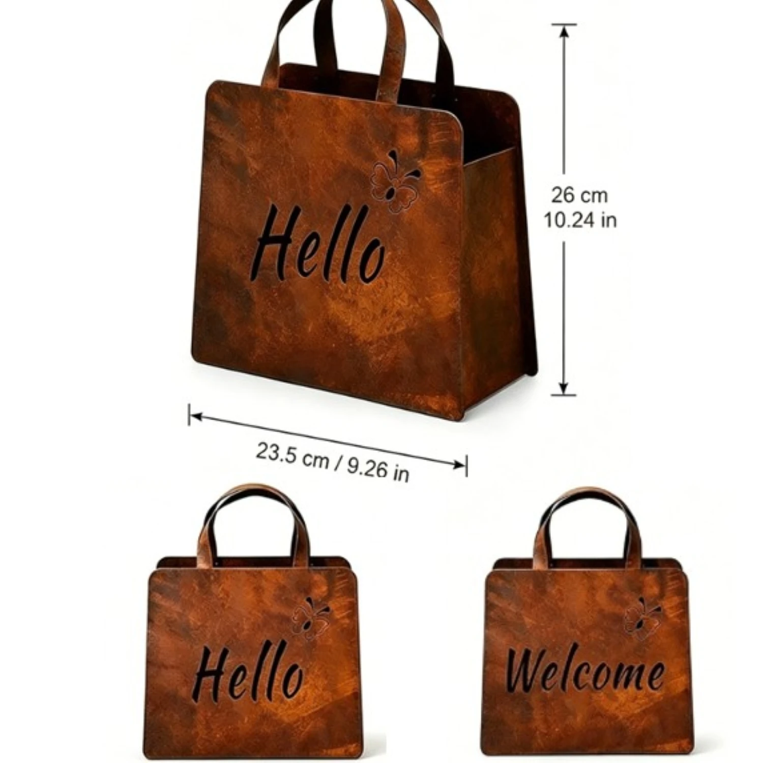 Rust-Resistant Metal Flowerpot with Hello on Front Welcome on Back and Delicate Butterfly Silhouette for Outdoor Spaces