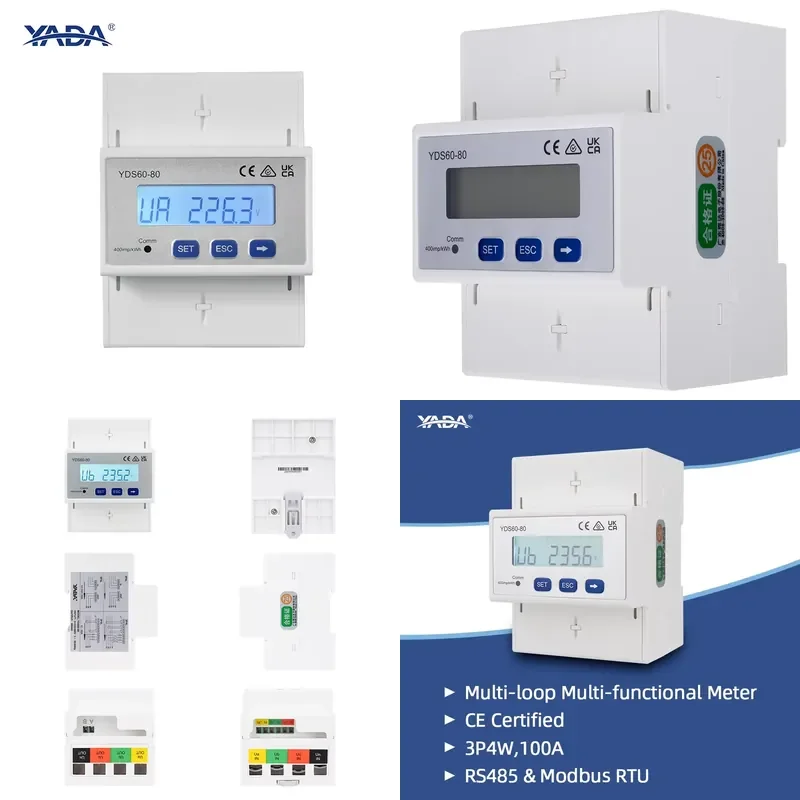 YADA YDS60-80 CE UKCA RCM Certified RS485 Modbus LCD Din Rail Mounted Digital Three-Phase Energy Meter For PV Inverter
