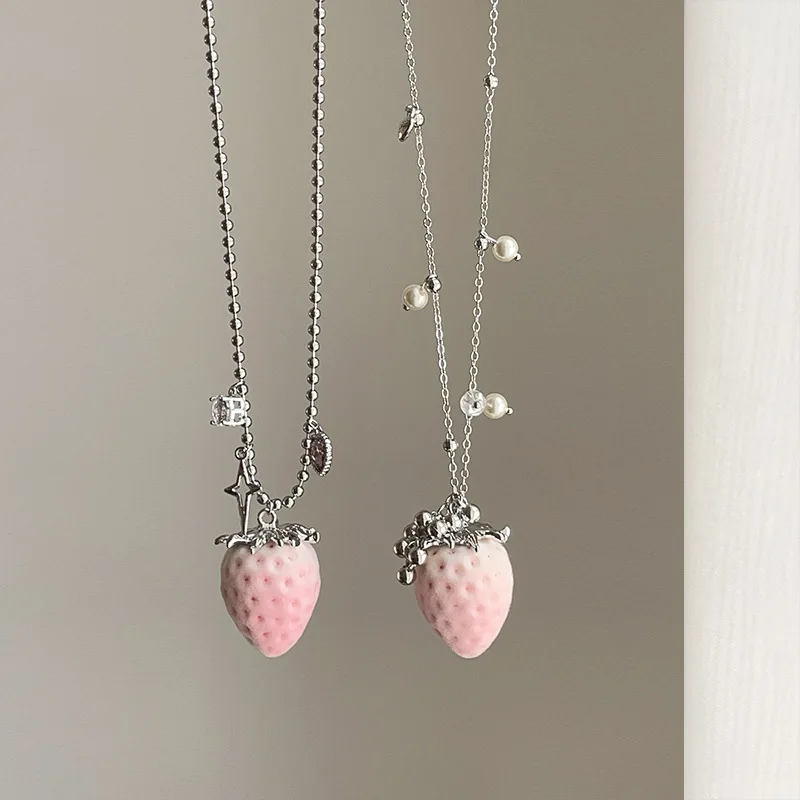 Minar New Trendy Pink Gradient Color Plush Velvet Simulated Pearl CZ Zircon Strawberry Star Pendant Necklaces for Women Chokers
