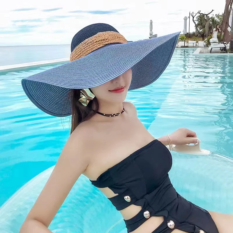 Female Summer Big Brim Splicing Color Straw Hat Fashion Sun Protection Beach Sun Hat Foldable Spring Outing Basin Cap Wholesale