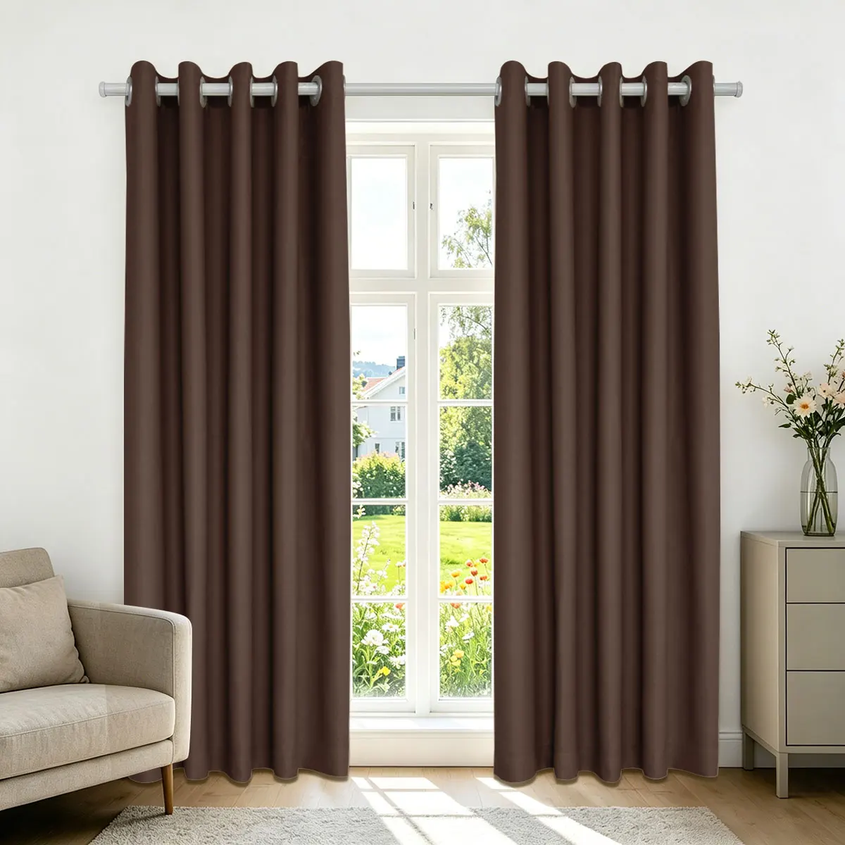 Coffee Brown High‑Density Blackout Curtains, Grommet Top Light Blocking Window Drapes for Bedroom Living Room, 2 Panels