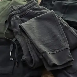 American Men Trousers Autumn Winter Velvet Knitted Distressed Drawstring Casual Sports Pants Men Retro Sweatpants Small-leg Pant