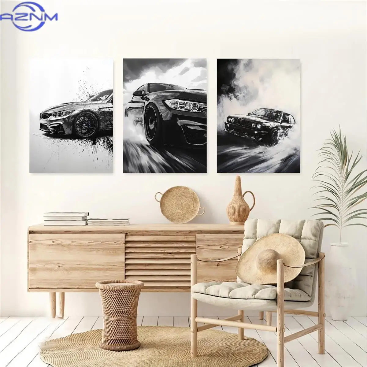 3pcs Frameless Drifting Car Wall Art Prints - White & Black Dynamic Sports Design, Waterproof Canvas, Modern Style for Living Ro