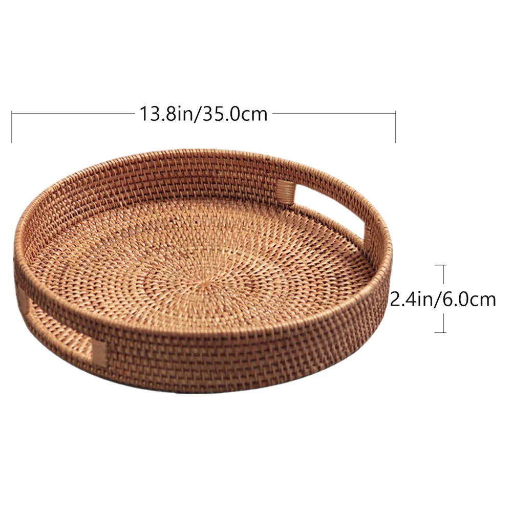 Hand-woven Tray Rattan Storage Baskets Round Woven Baskets Fruit Snacks Basket Decorative Serving Baskets Desktop Organizer