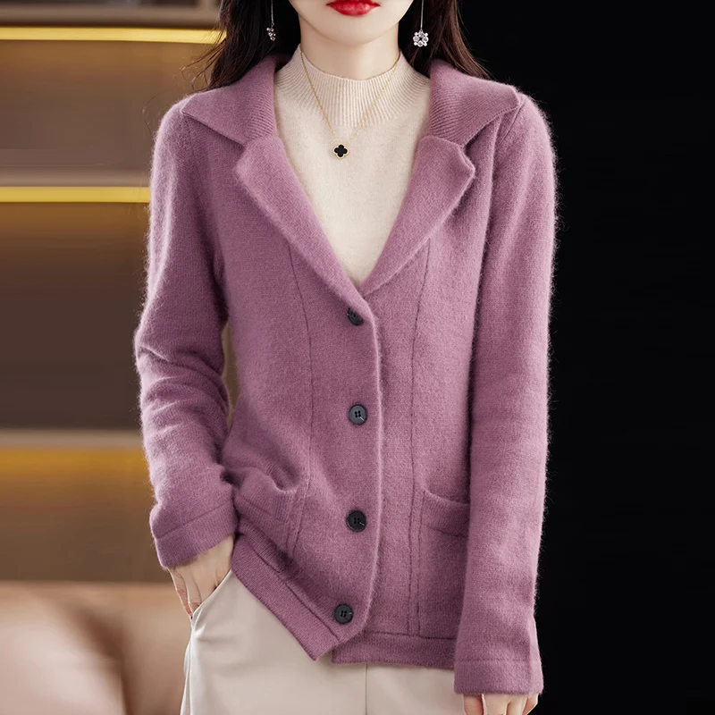 Hot selling cardigan women\'s lapel 100% mink cashmere sweater long sleeved knitted comfortable warm jacket single breasted sweat