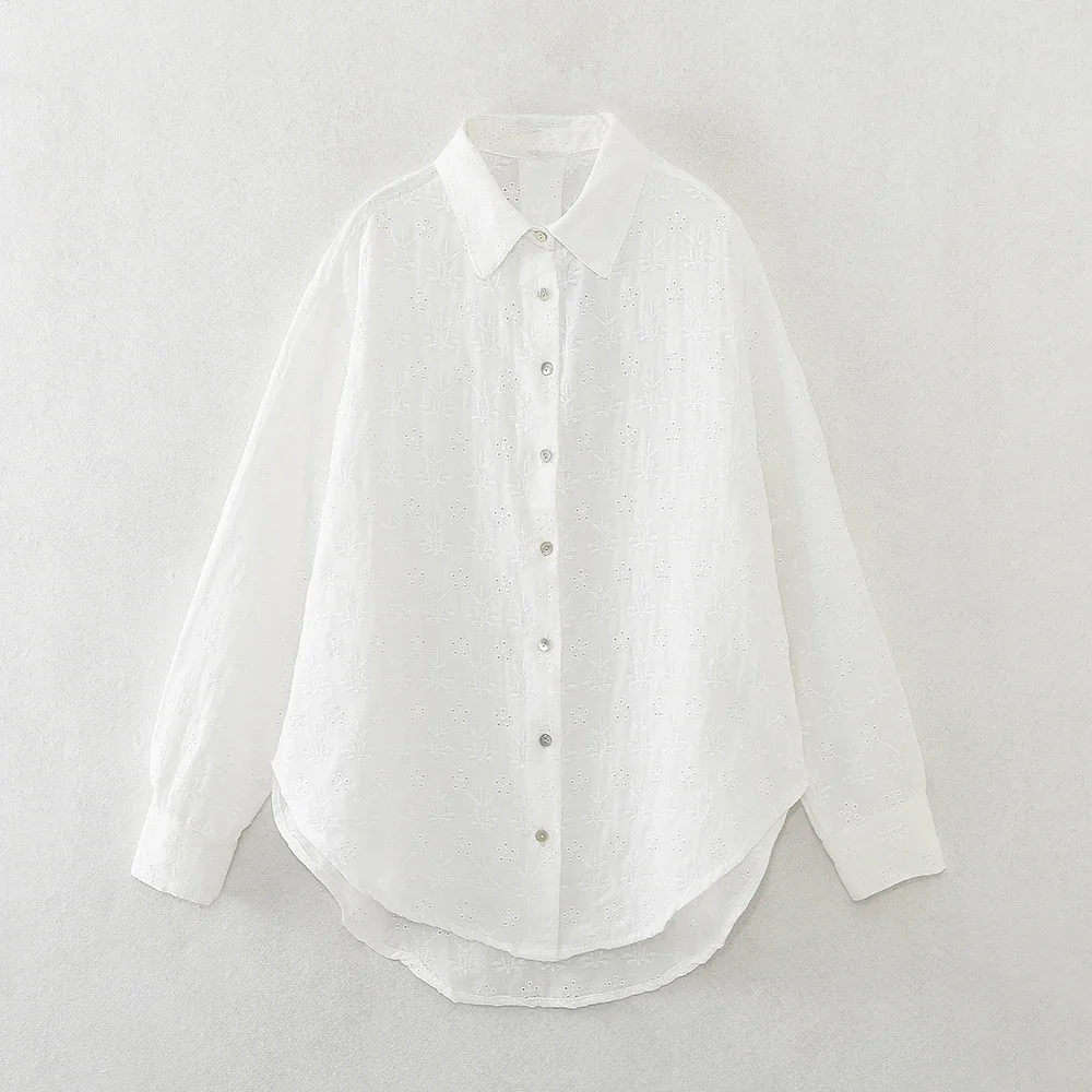 

Women White Embroidery Cotton Shirt Long Sleeve 2024 Female Blouse Tops 6H0151
