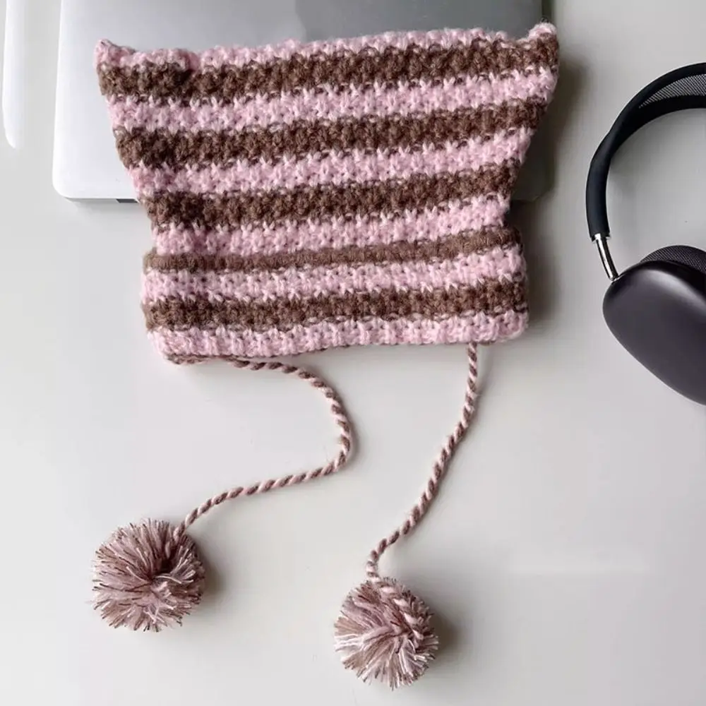 هدية Y2K الحياكة مخطط قبعة صغيرة لطيف الصوف آذان القط وأشار البلوز القبعات محبوك قبعات الصوف الخريف الشتاء #4