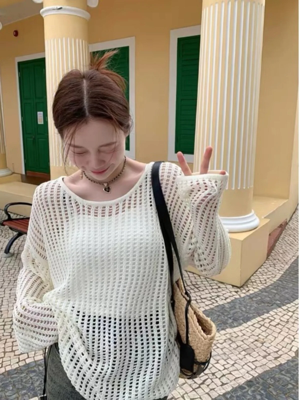 

Spring Lazy Sle Thin Knitted Hollow Fi Net Long Sve Sun Protection Cover up Loose American Summer Top Women