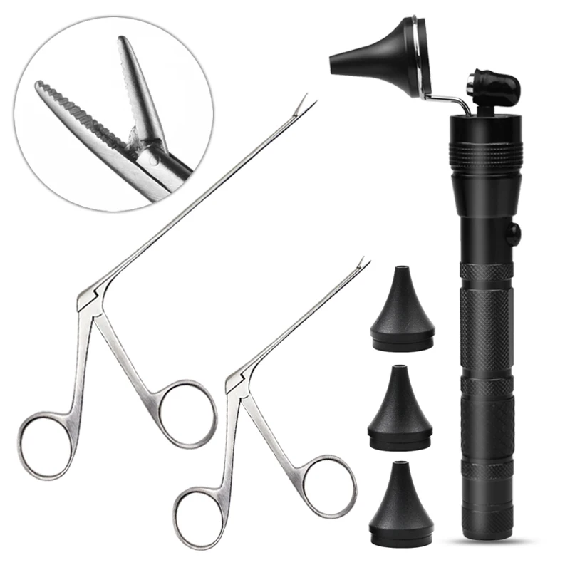 Ear Nose Wax Cleaner Plier Picker Endoscope Earwax Remover Micro Alligator Crocodile Vet Forceps Tweezers Otoscope Light Tool C2
