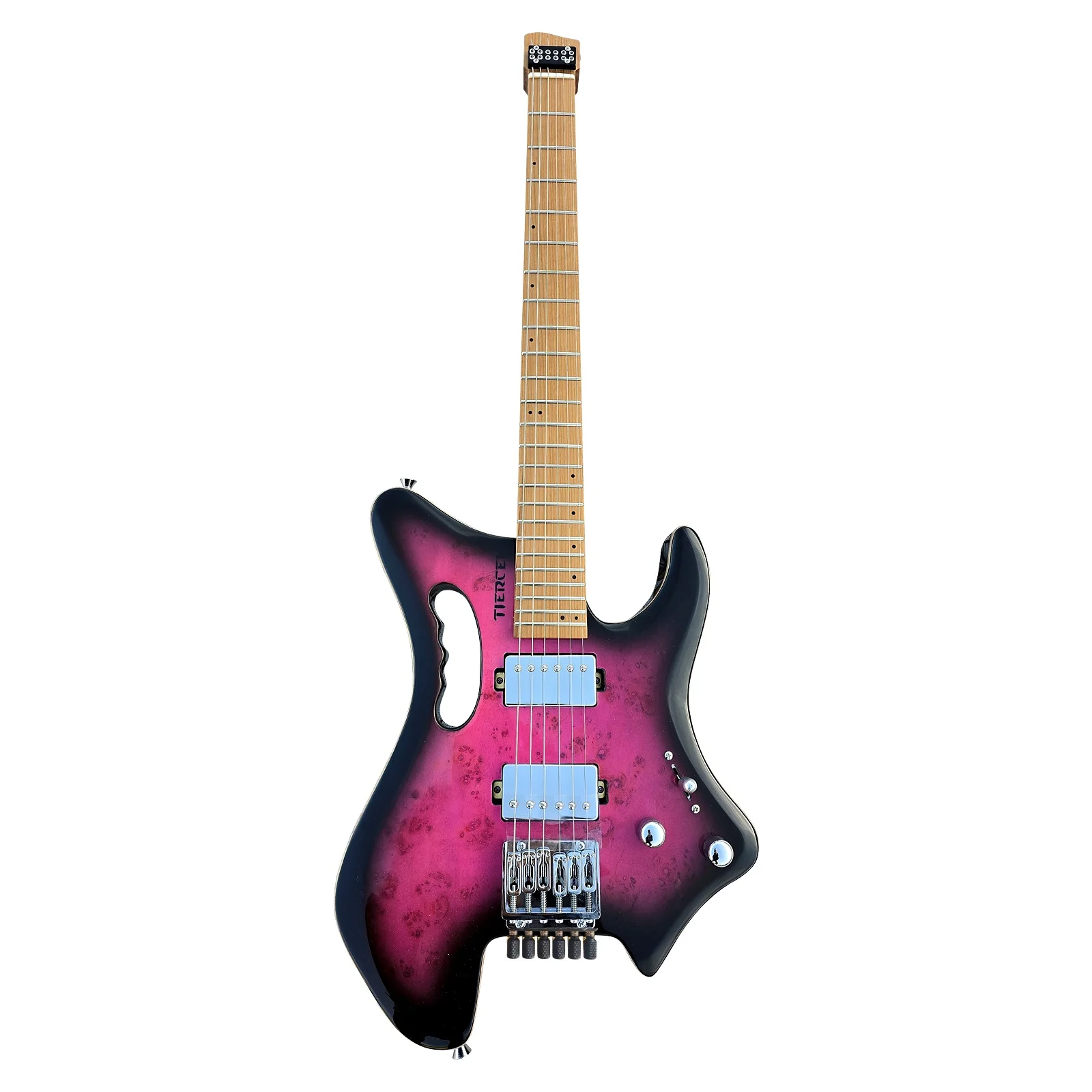 Red printed portable headless six string electric guitar for high-quality performance