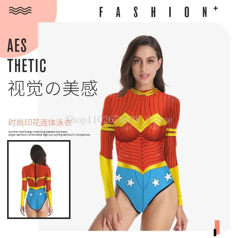 2024 Summer Spider Man Long Sleeved One Piece Zipper Swimsuit Tight Fit Sunscreen Surfing Swimsuit Women\'s Cosplay Costume