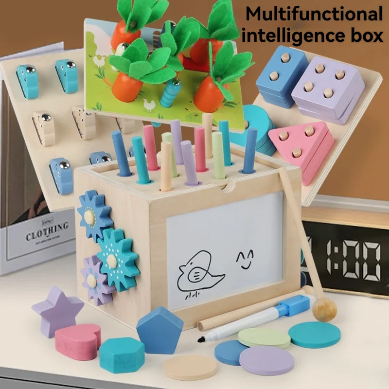 

Wooden Montessori Baby Toys, 10-in-1 Wooden Play Kit Includes Coin Box, Carrot Harvest, Shape Sorting & Stacking - Christmas Bir
